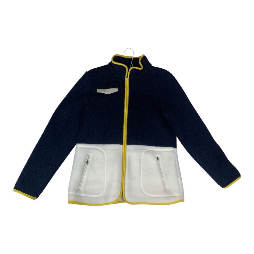Talbots size small petite Navy Jacket yellow Trim fleece white zip up